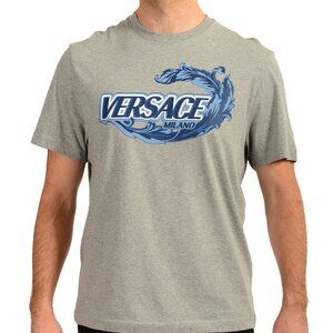 Versace Men's Gray & Blue Logo Print Short Sleeve T-Shirt US L IT 52